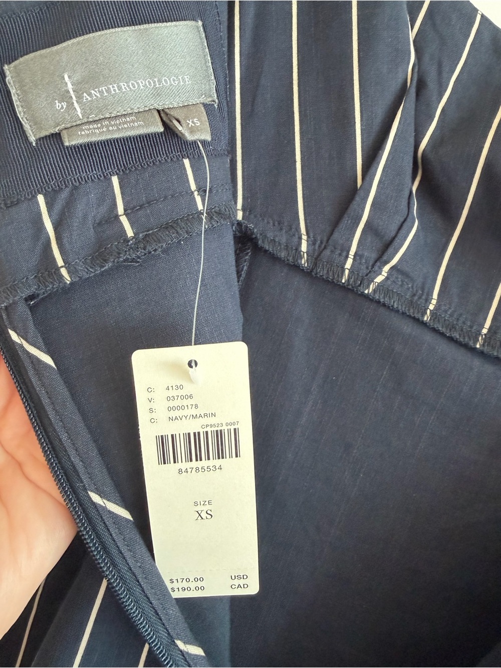 Anthropologie Navy Pinstripe Square Neckline Midi Dress with Side Slit. NWT. XS. - Picture 6 of 10
